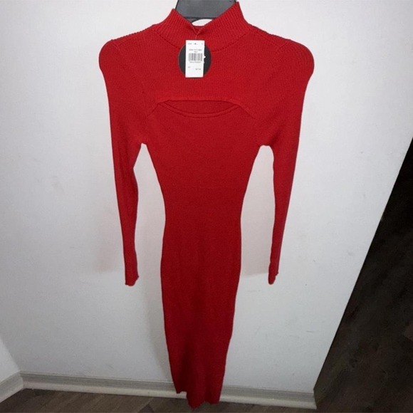 Dresses & Skirts - Jolie & Joy Red Ribbed Knit Mock Neck Cutout Midi Dress Long Sleeve Small NWT
